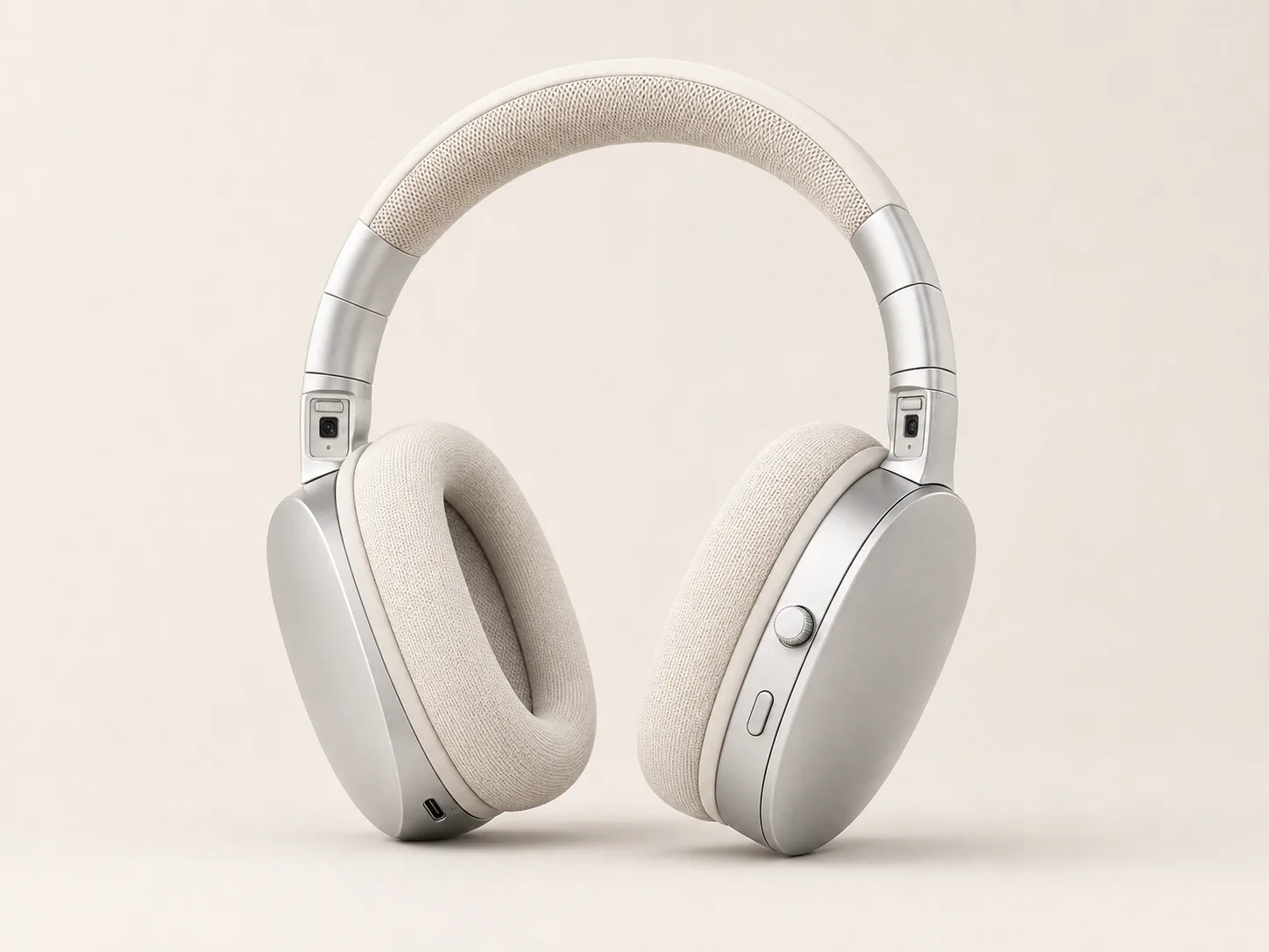 PCH-2 RouteSense Agent concept headphones in silver and ivory, with forward-facing camera modules.